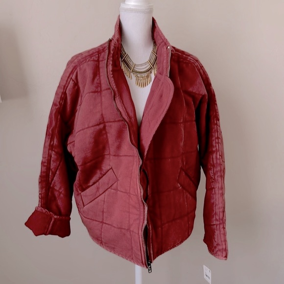 Free People Quilted Bomber Jacket Knitted Dolman Coat Cherry Juice XS - Picture 5 of 16